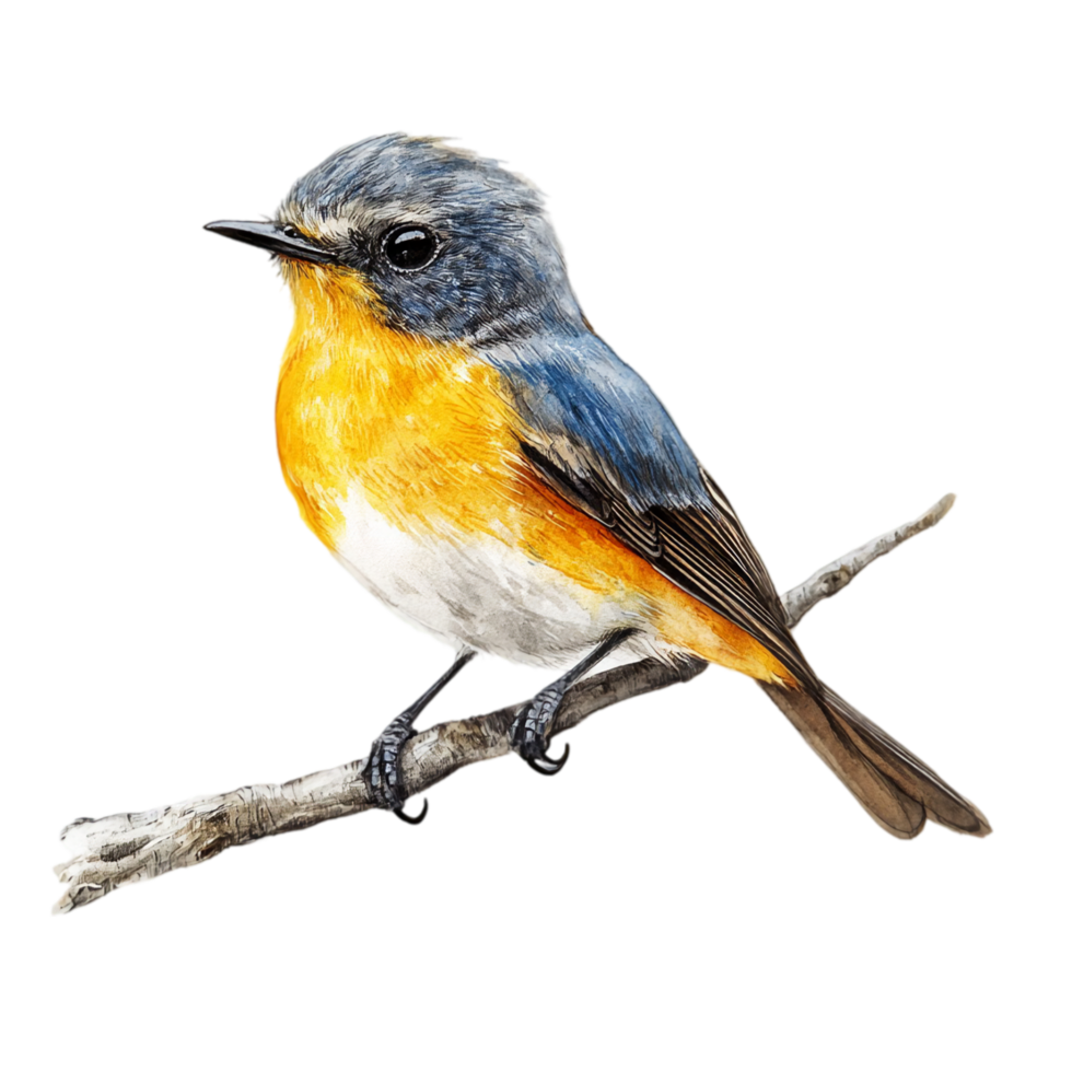 Robin bird perched on branch cute animal illustration isolated on transparent background png