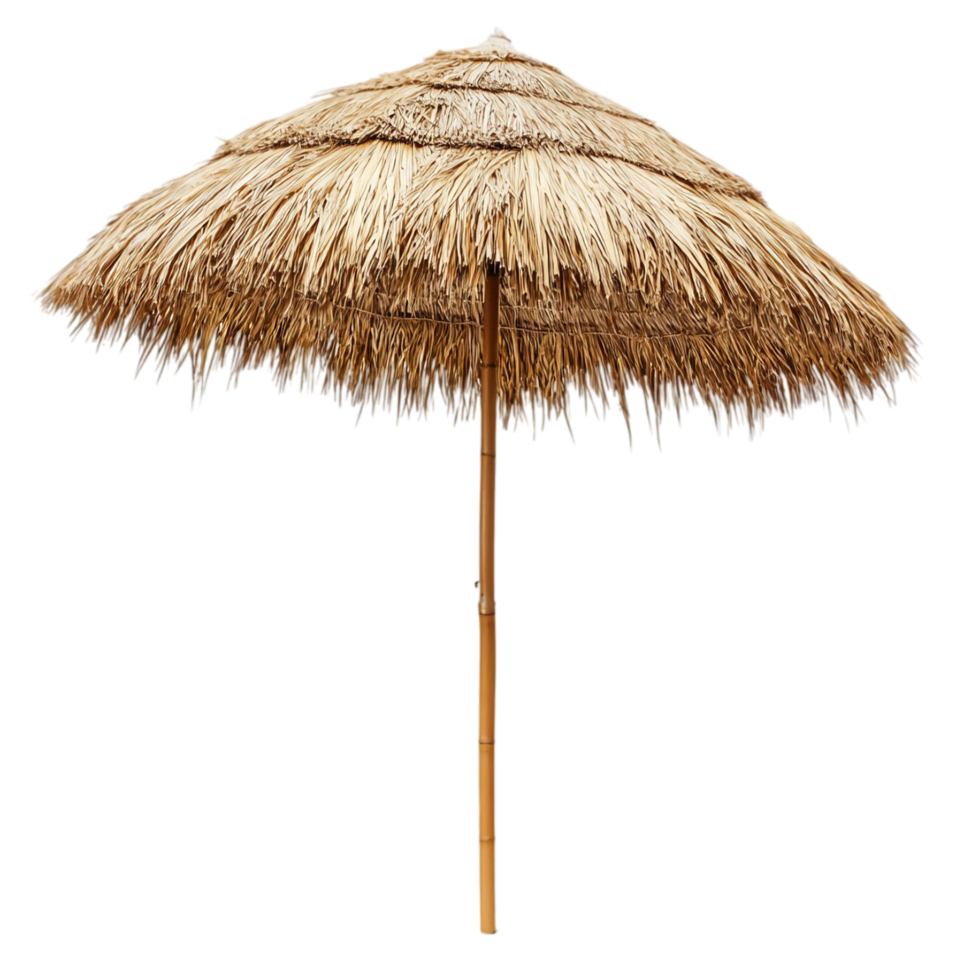 Straw parasol tiki umbrella for beach sun protection isolated on transparent background png