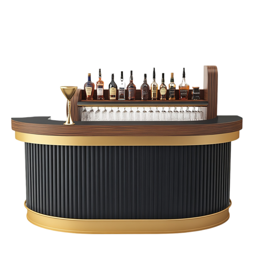 Elegant bar counter with liquor bottles and glassware setup isolated on transparent background png