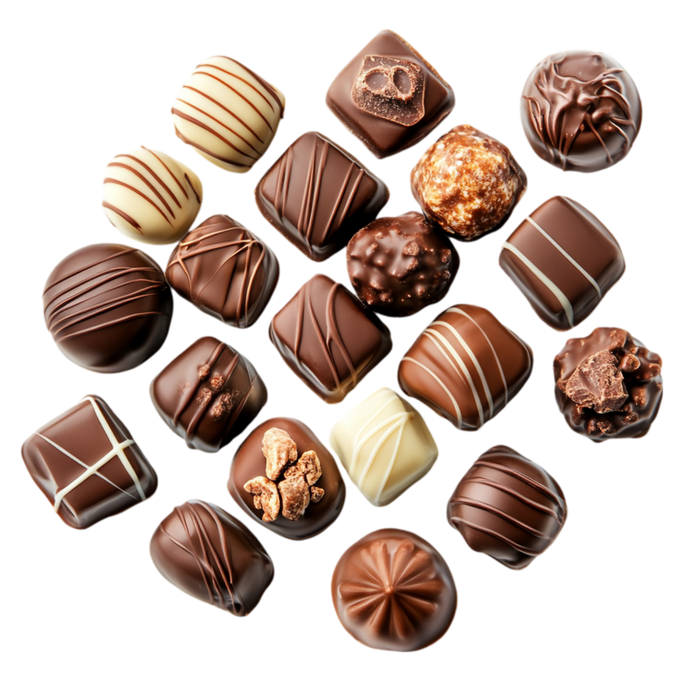 Delicious gourmet chocolate candies assortment collection isolated on transparent background png