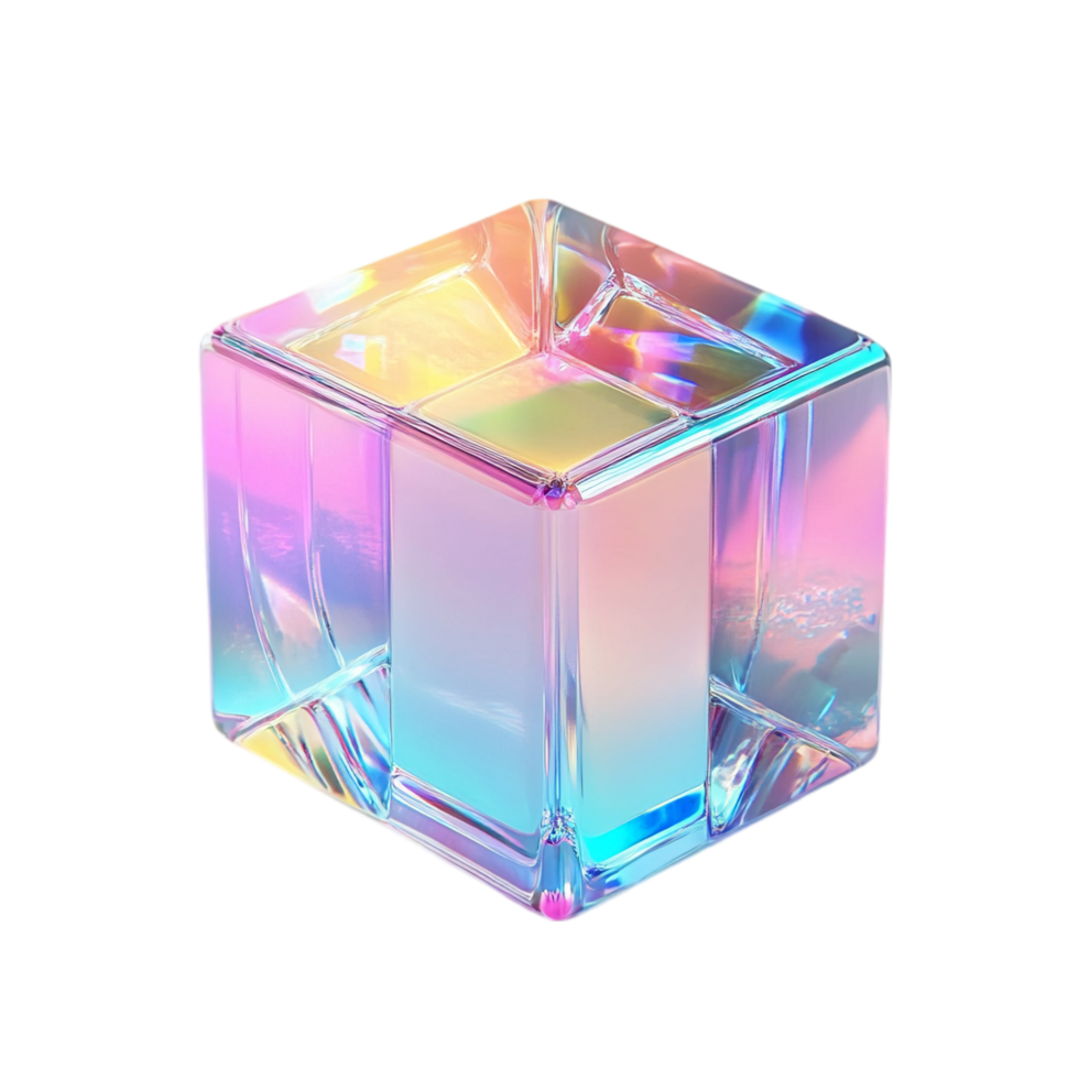 Holographic cube iridescent prism light refraction design isolated on transparent background png