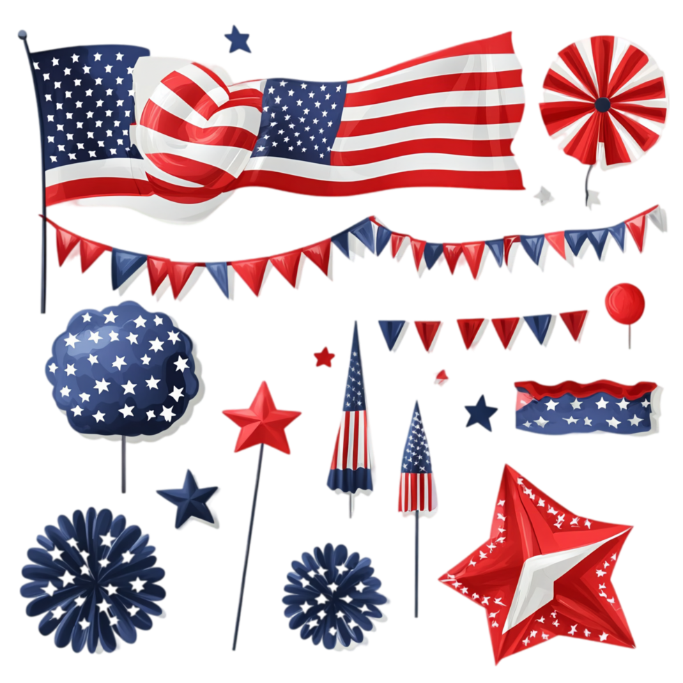 Patriotic american decorations for fourth of july party isolated on transparent background png