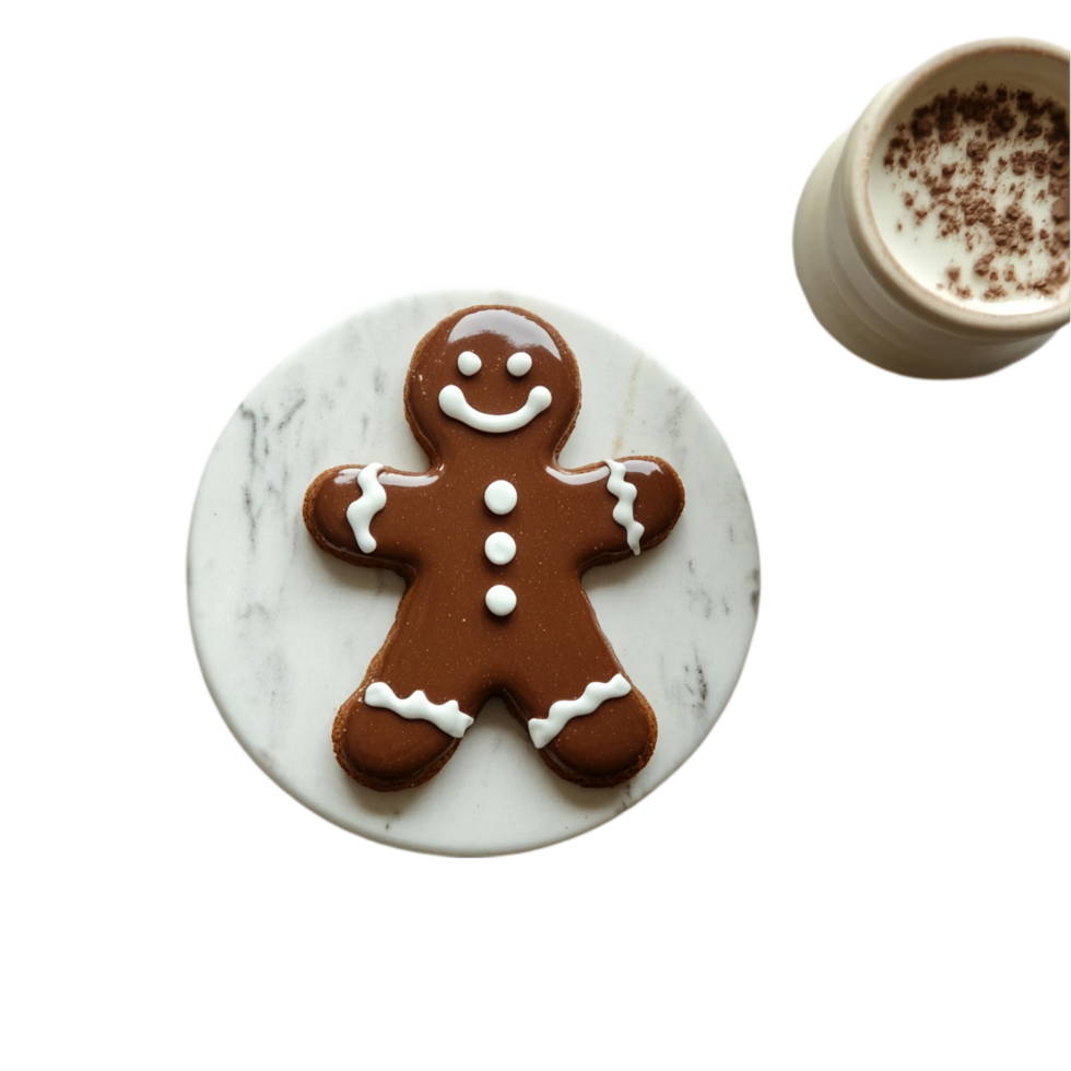 Gingerbread man cookie on marble plate with hot cocoa isolated on transparent background png