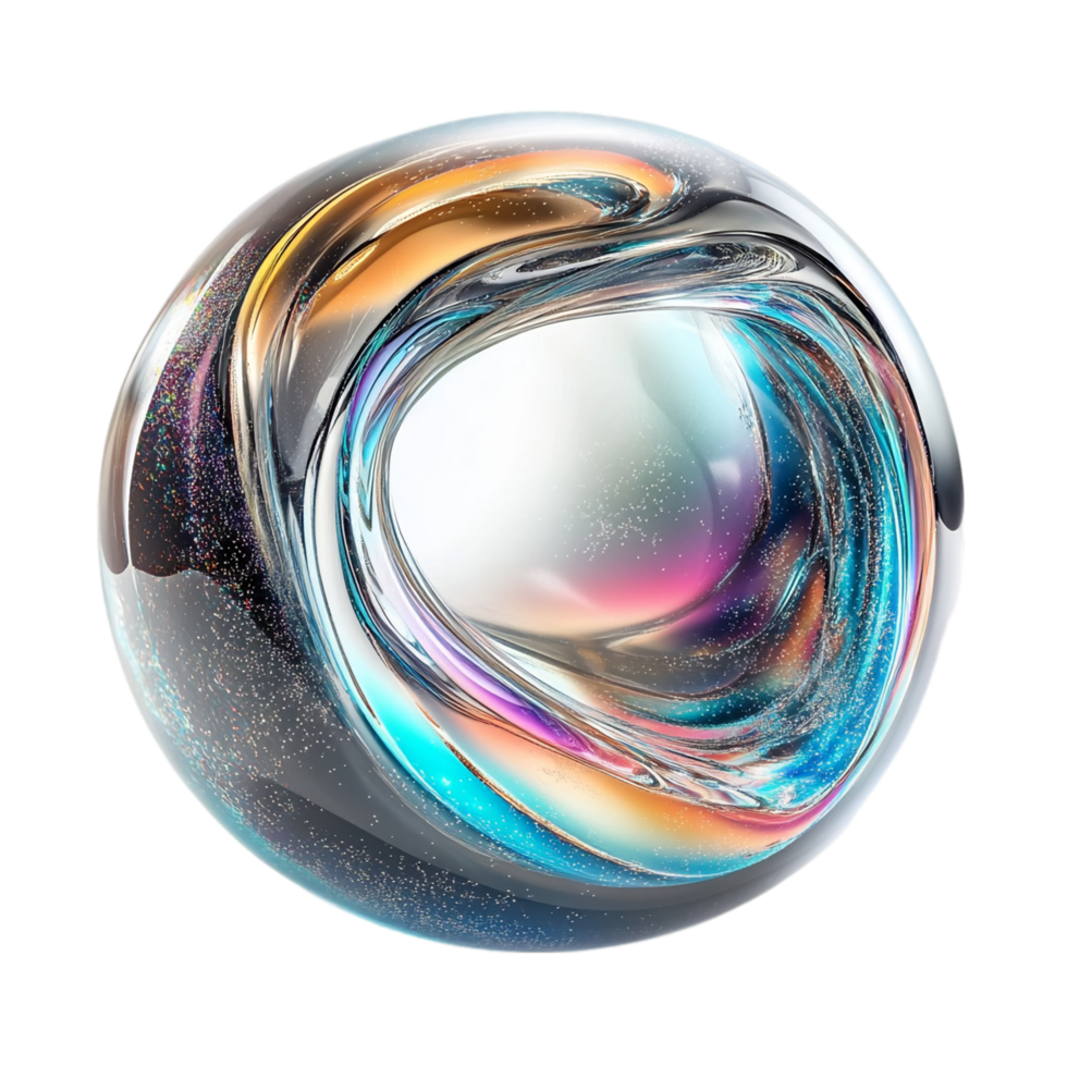 Abstract sphere with iridescent colors and glass texture isolated on transparent background png