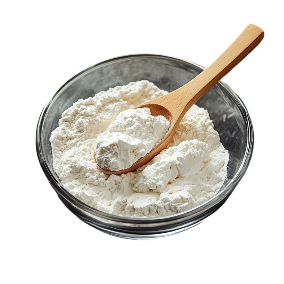 Bowl of flour with wooden spoon baking ingredient food isolated on transparent background png