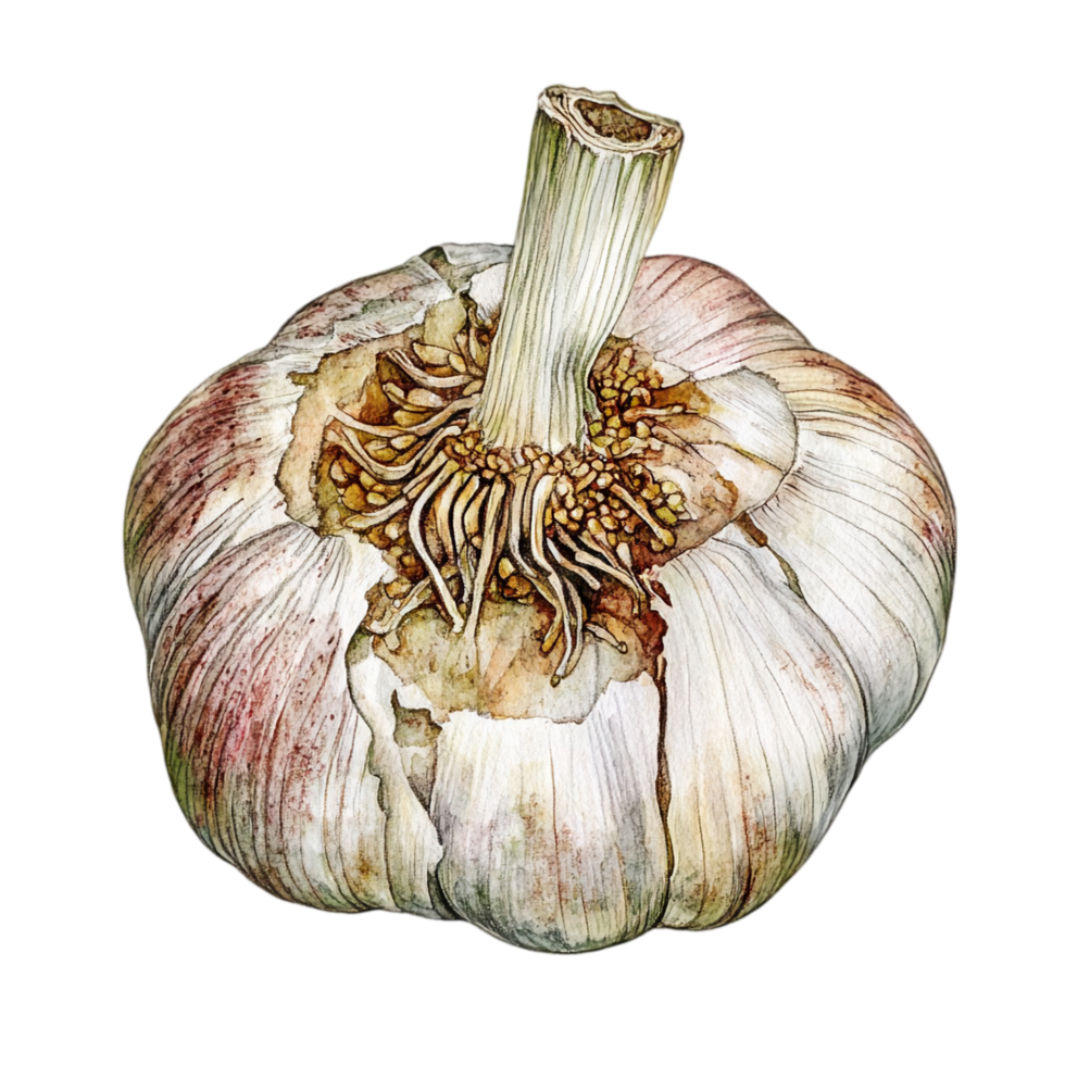 Watercolor drawing of a fresh garlic bulb on background isolated on transparent background png