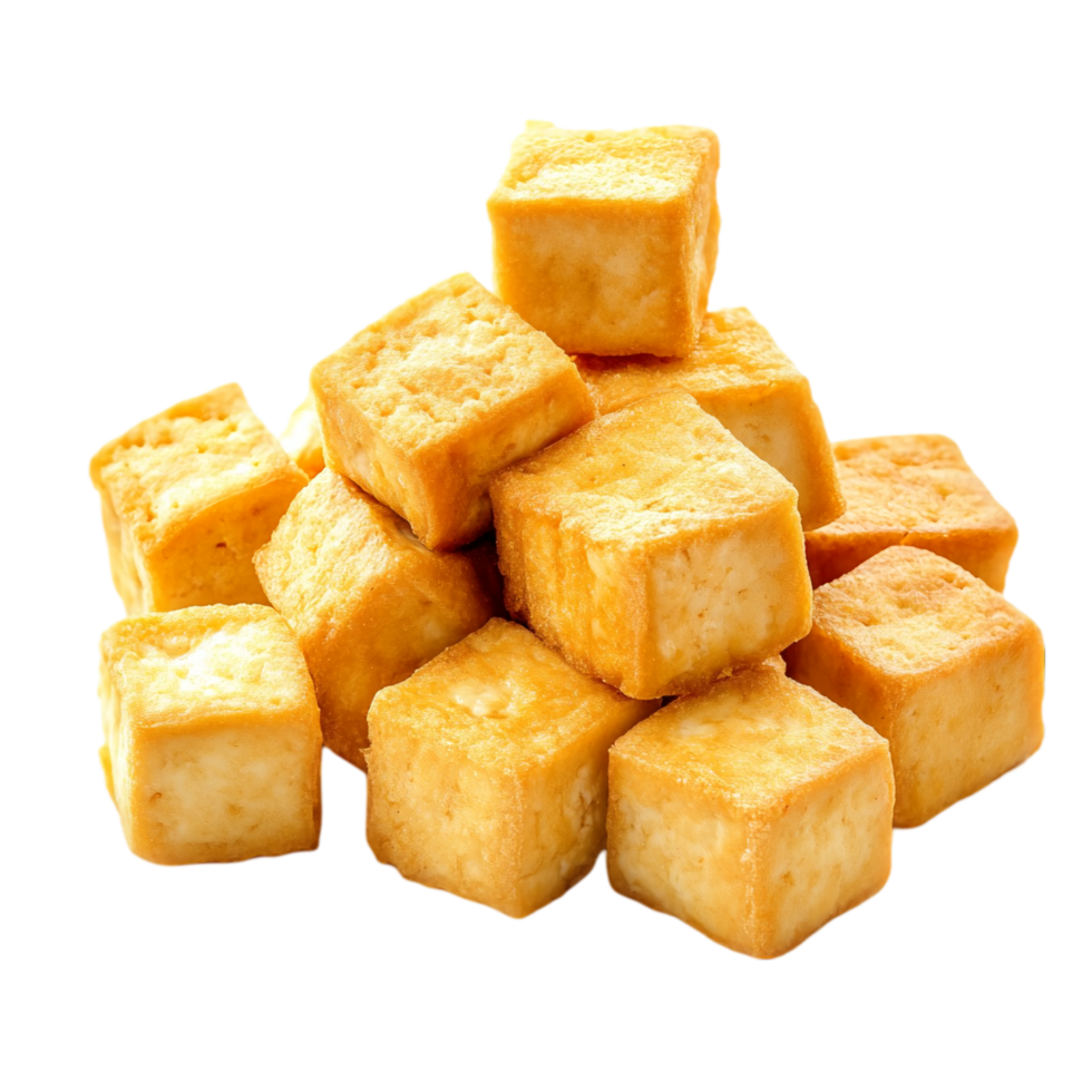 Delicious fried tofu cubes stacked up close up presentation isolated on transparent background png