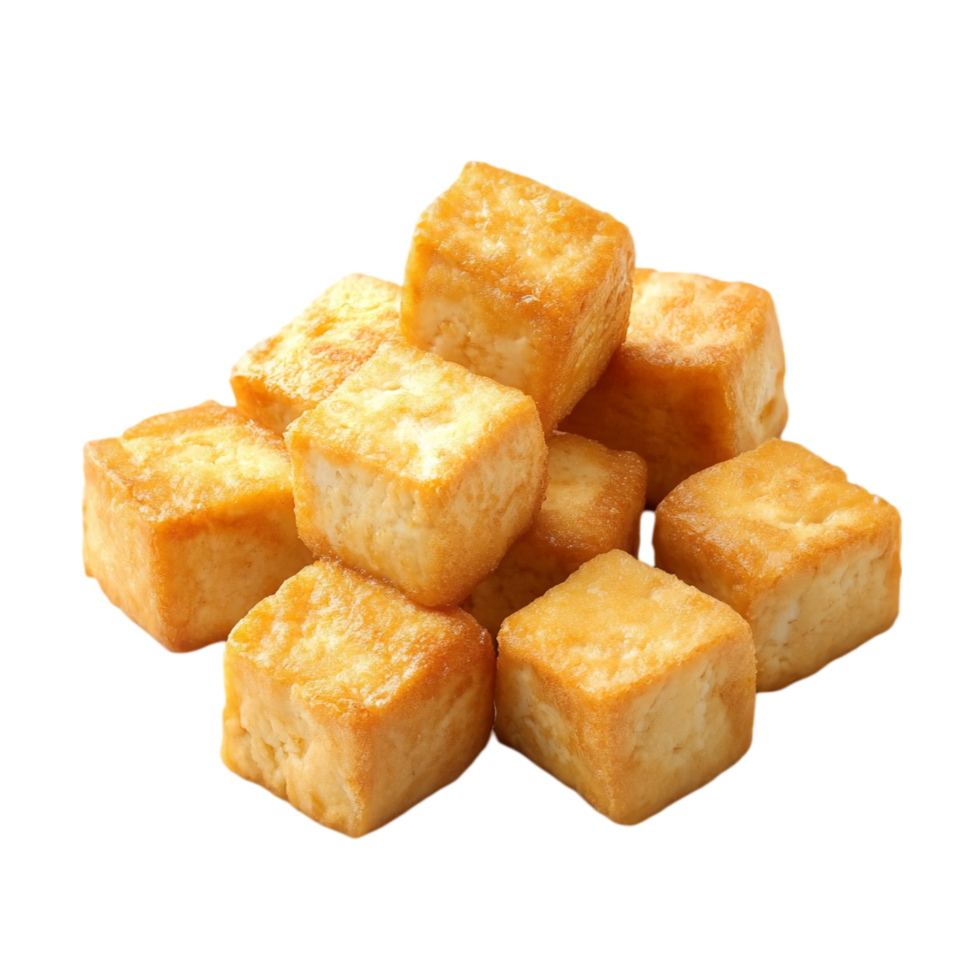 Delicious fried tofu cubes stacked on top of each other isolated on transparent background png