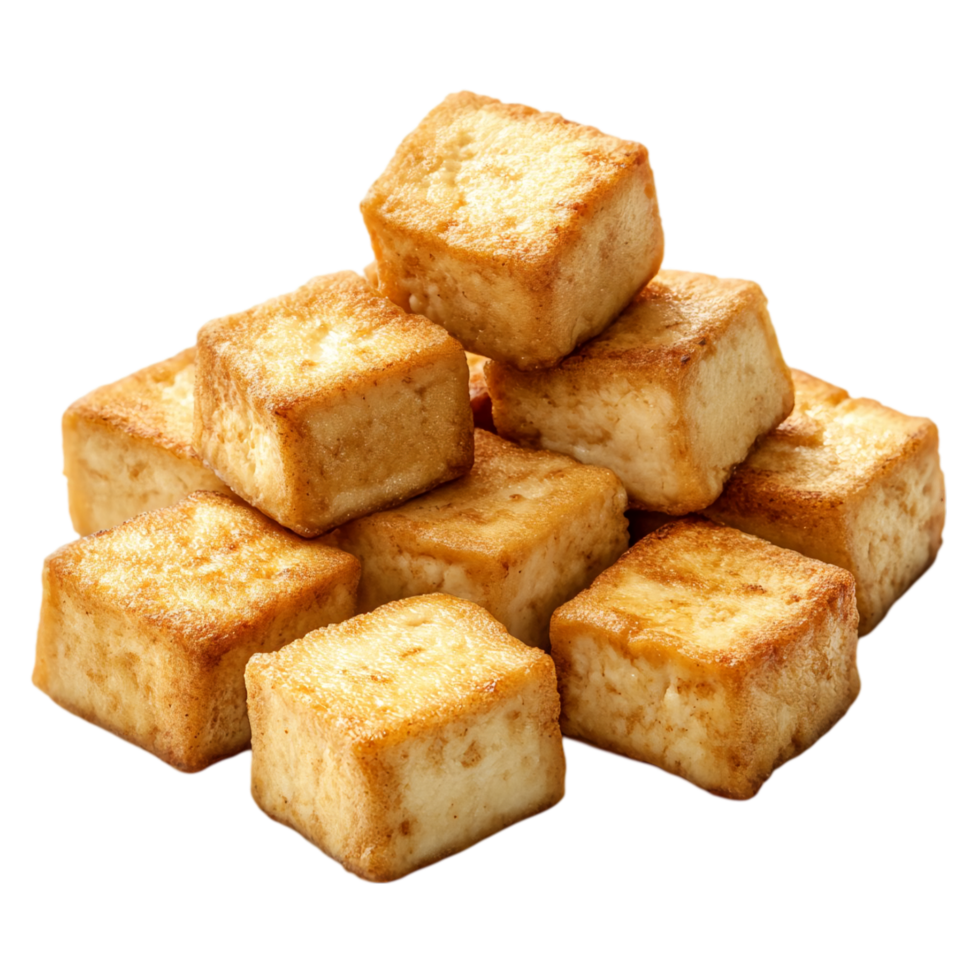 Delicious golden fried tofu cubes stacked in a pile food isolated on transparent background png