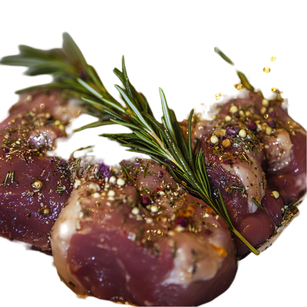 Fresh raw meat with rosemary and spices ready to cook isolated on transparent background png