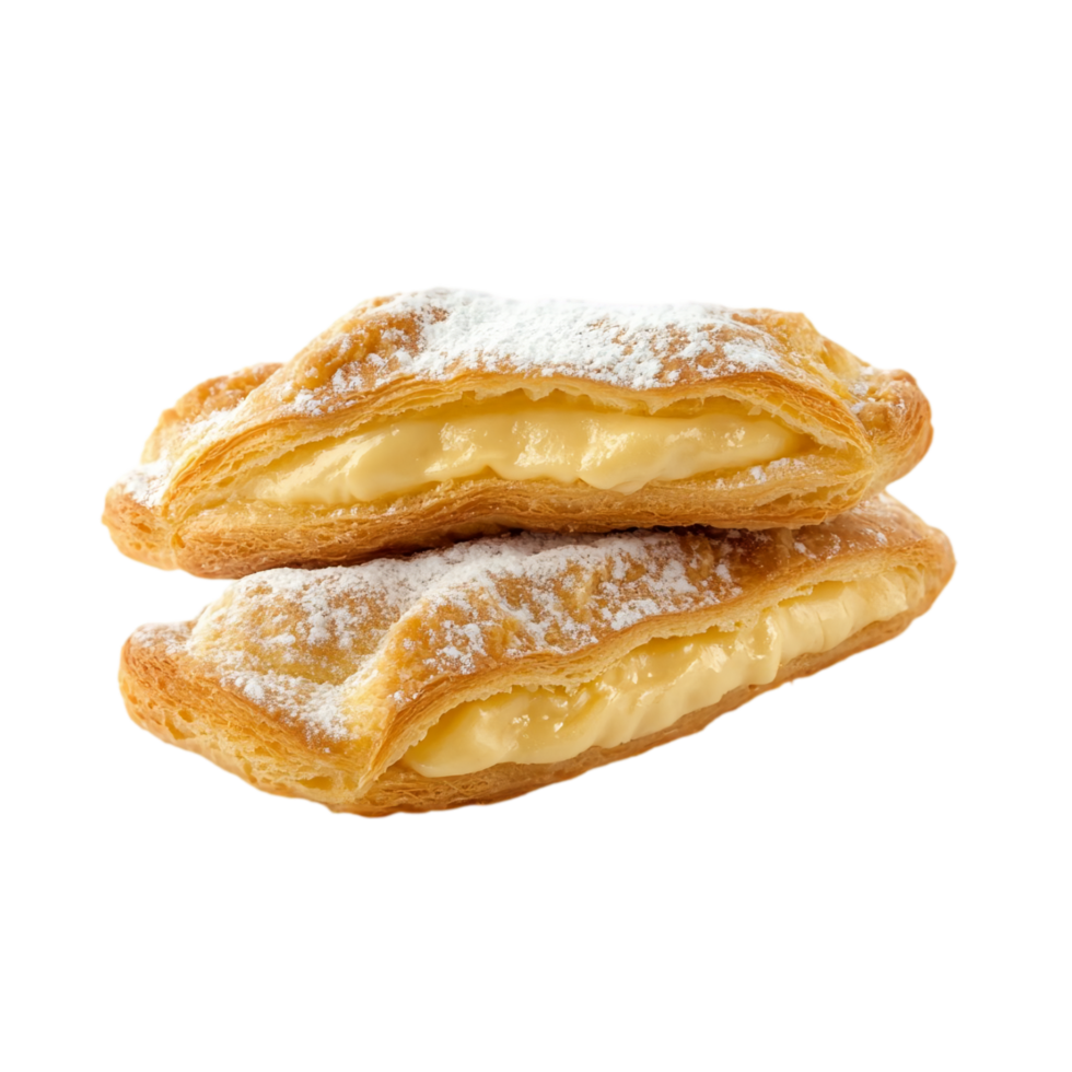 Custard pastries with powdered sugar dessert food item isolated on transparent background png