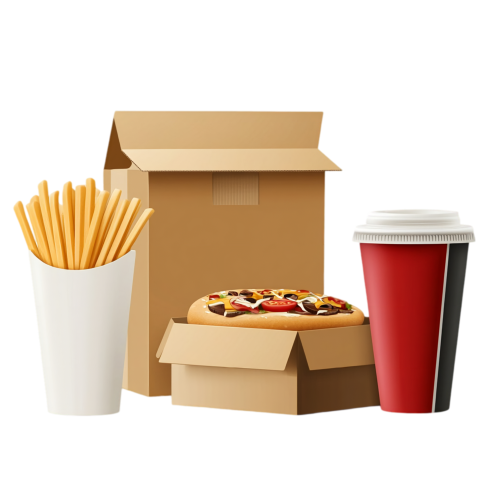 Delicious pizza fries and drink ready for fast delivery isolated on transparent background png