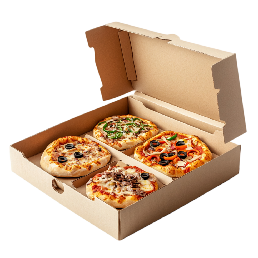 Delicious mini pizzas in a cardboard delivery container isolated on transparent background png