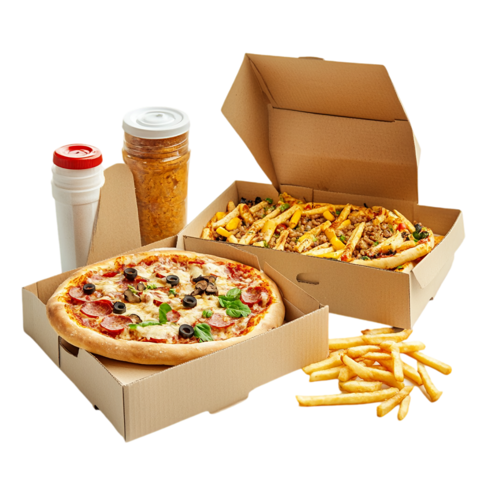Delicious pizza and fries ready for delivery in boxes isolated on transparent background png