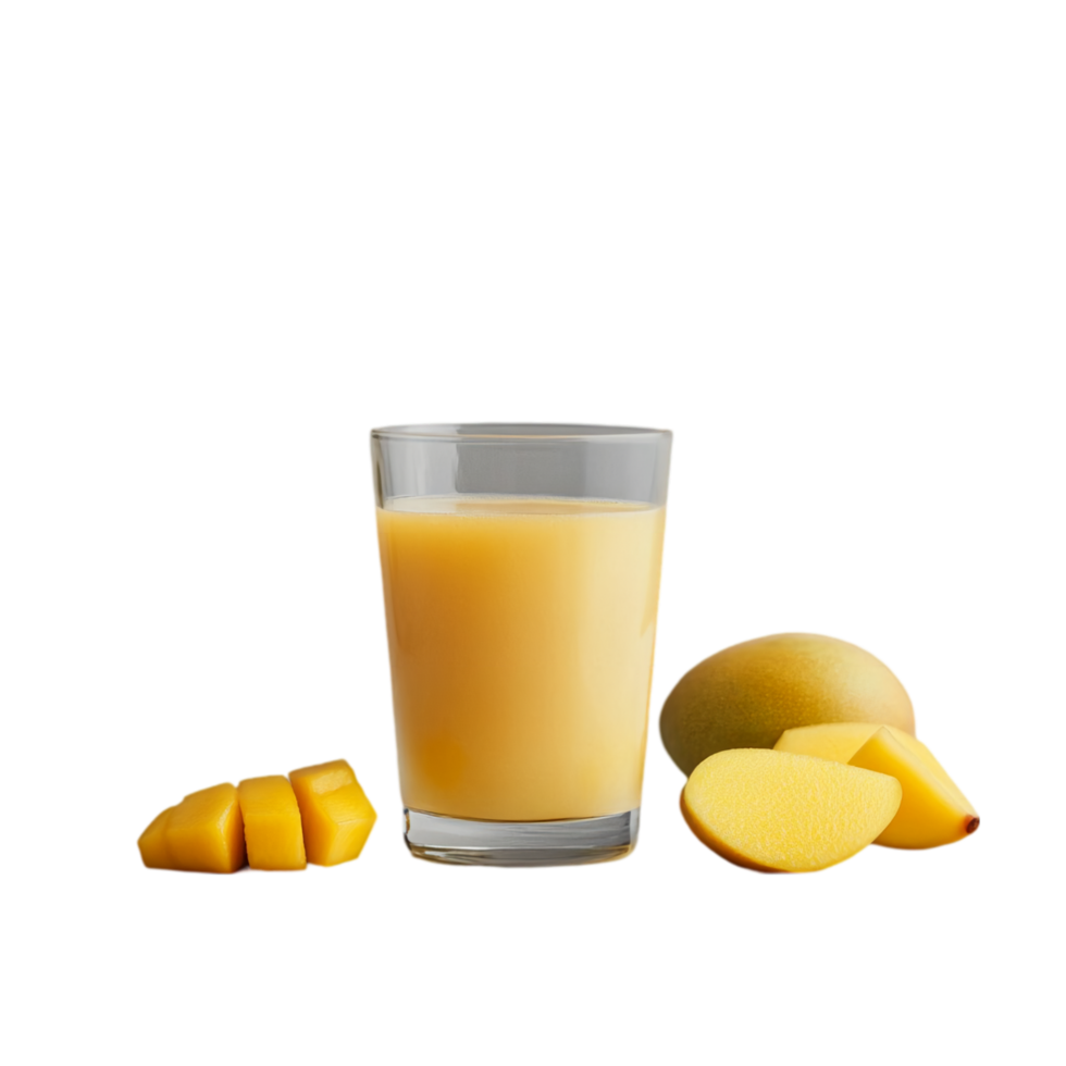 Fresh mango juice in glass with slices of ripe fruit isolated on transparent background png