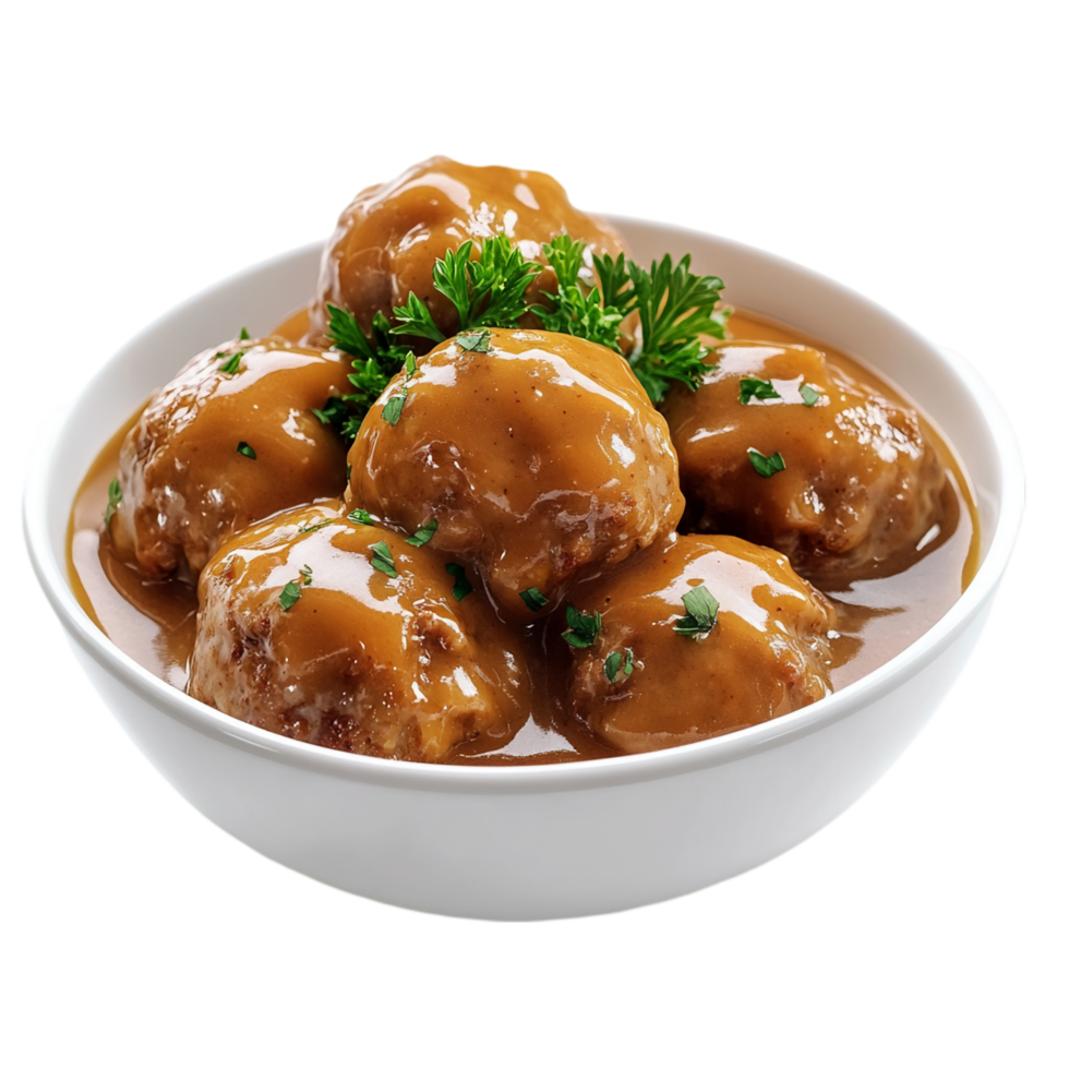 Delicious swedish meatballs with gravy in a white bowl isolated on transparent background png
