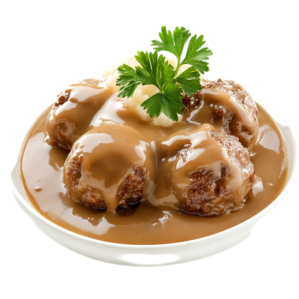 Delicious swedish meatballs with gravy cuisine closeup isolated on transparent background png