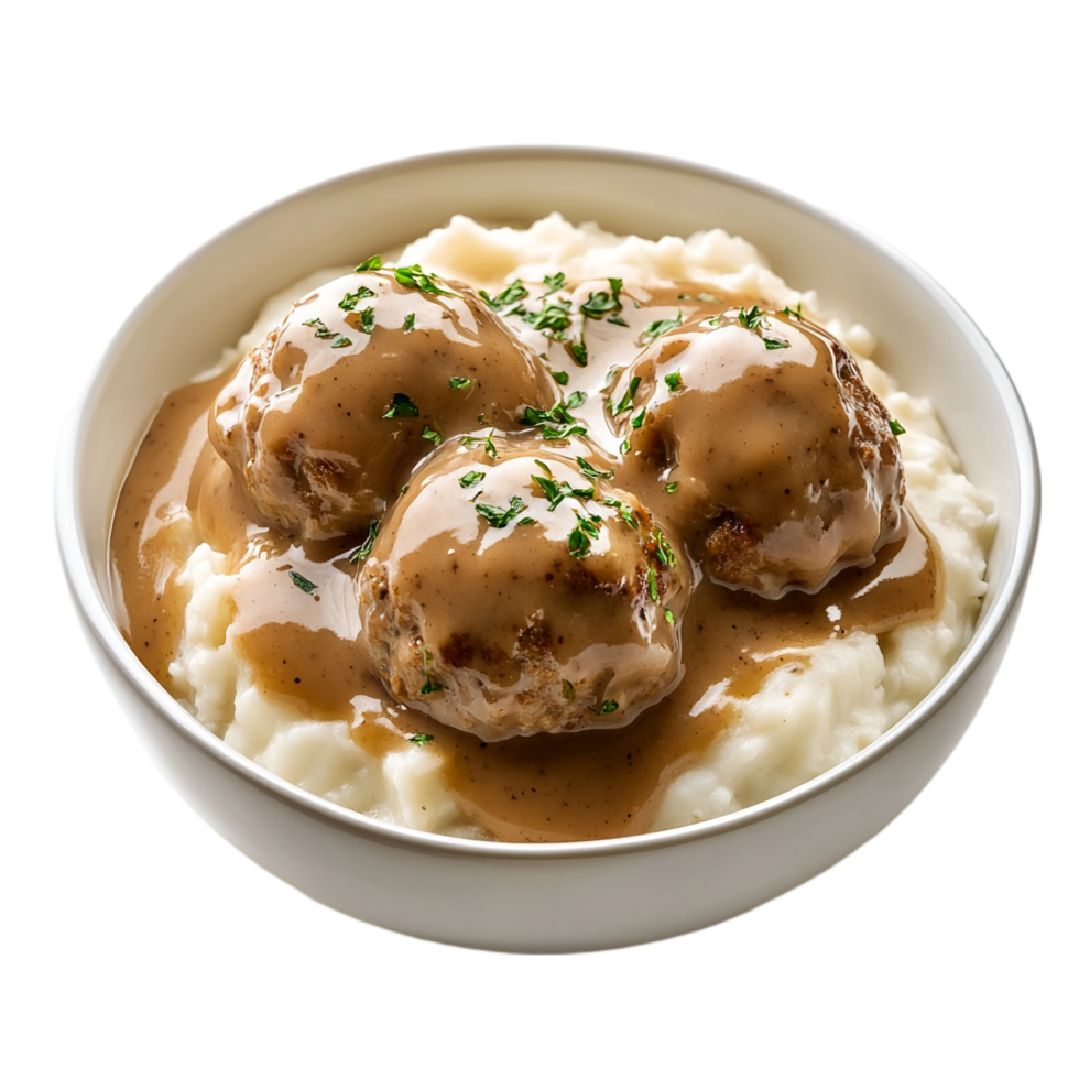 Delicious swedish meatballs with mashed potatoes and gravy isolated on transparent background png