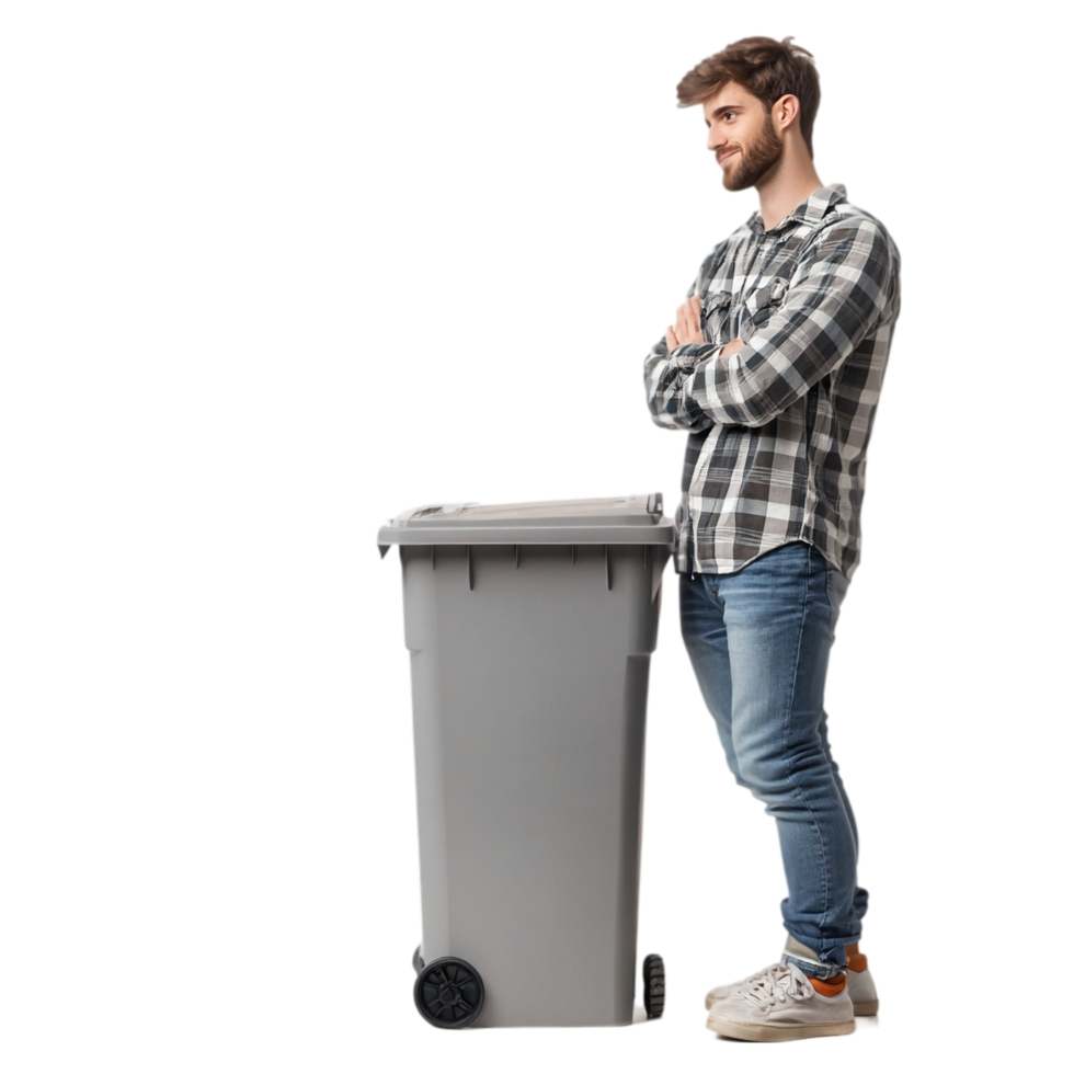 Man standing next to a trash can waste management concept isolated on transparent background png