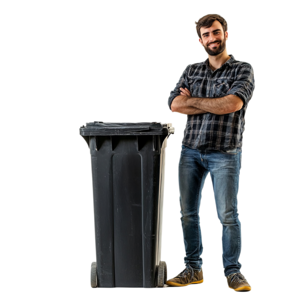 Man with arms crossed next to a trash can full length isolated on transparent background png