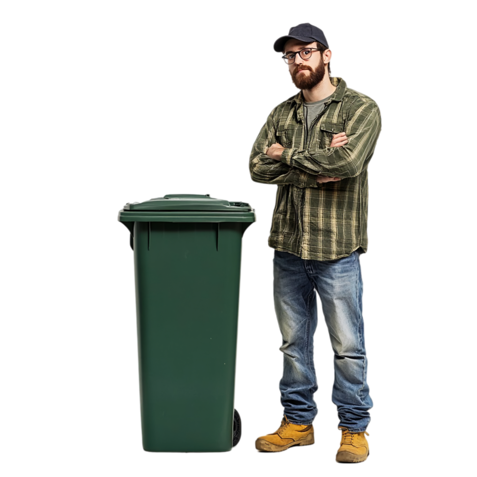Man standing beside green recycling waste container bin isolated on transparent background png