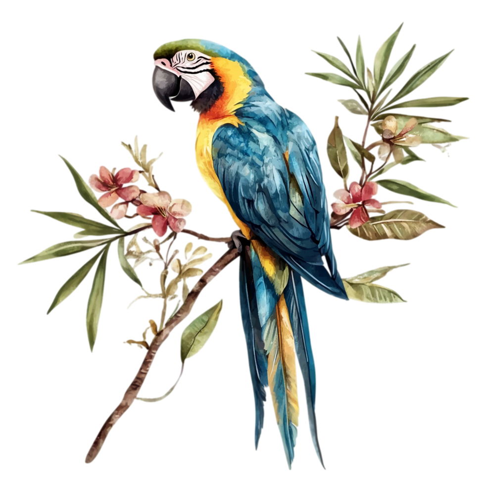 Beautiful macaw parrot perched on a flowering branch art isolated on transparent background png