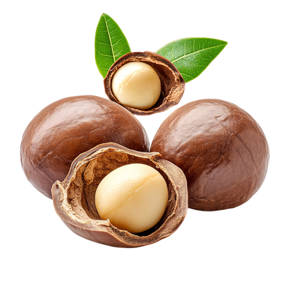 Delicious macadamia nuts with leaves close up nutrition isolated on transparent background png