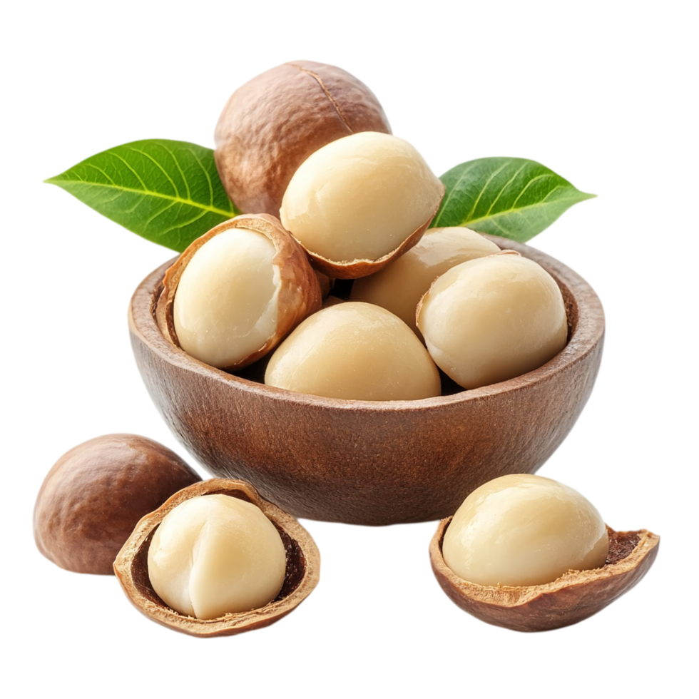Delicious macadamia nuts in a wooden bowl close up view isolated on transparent background png