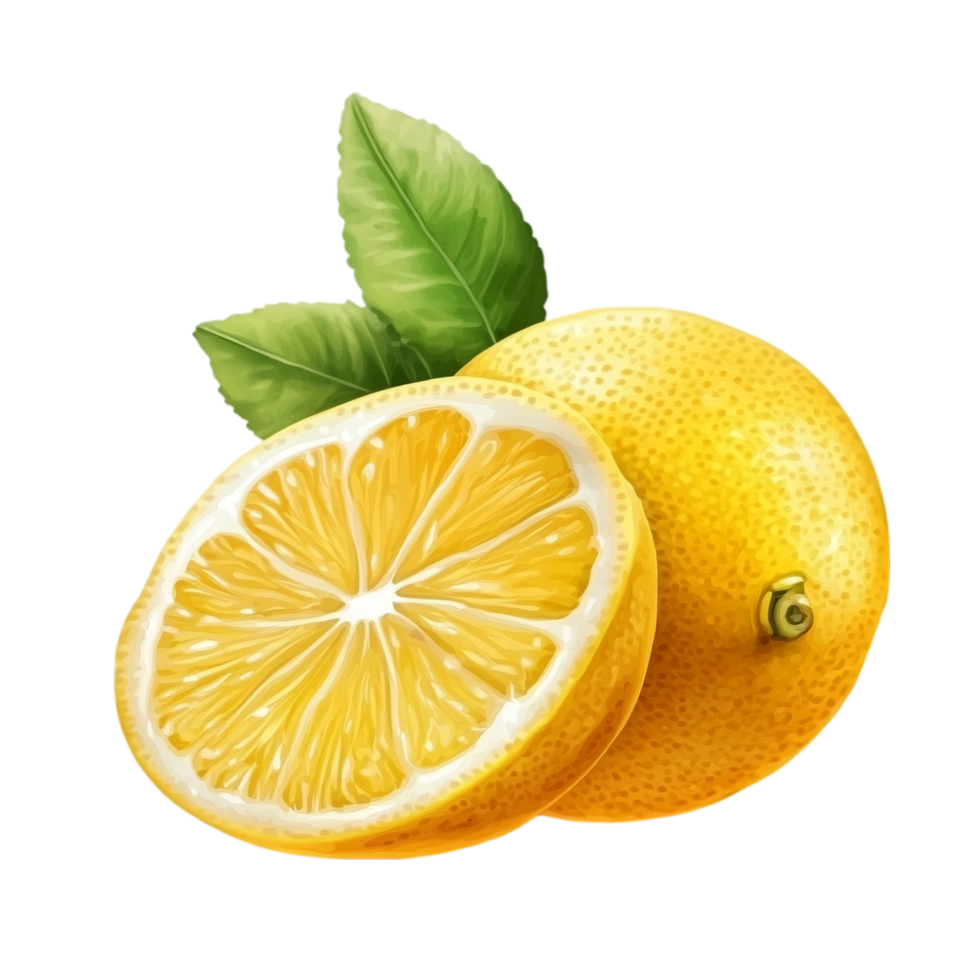 Fresh lemons with leaves citrus fruit yellow healthy food isolated on transparent background png