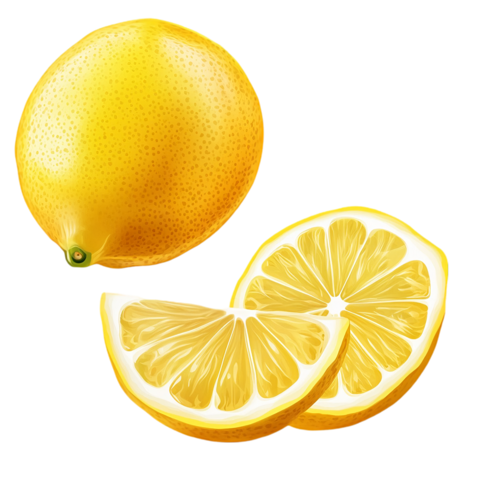Fresh lemon fruit and lemon slices citrus fruit artwork isolated on transparent background png