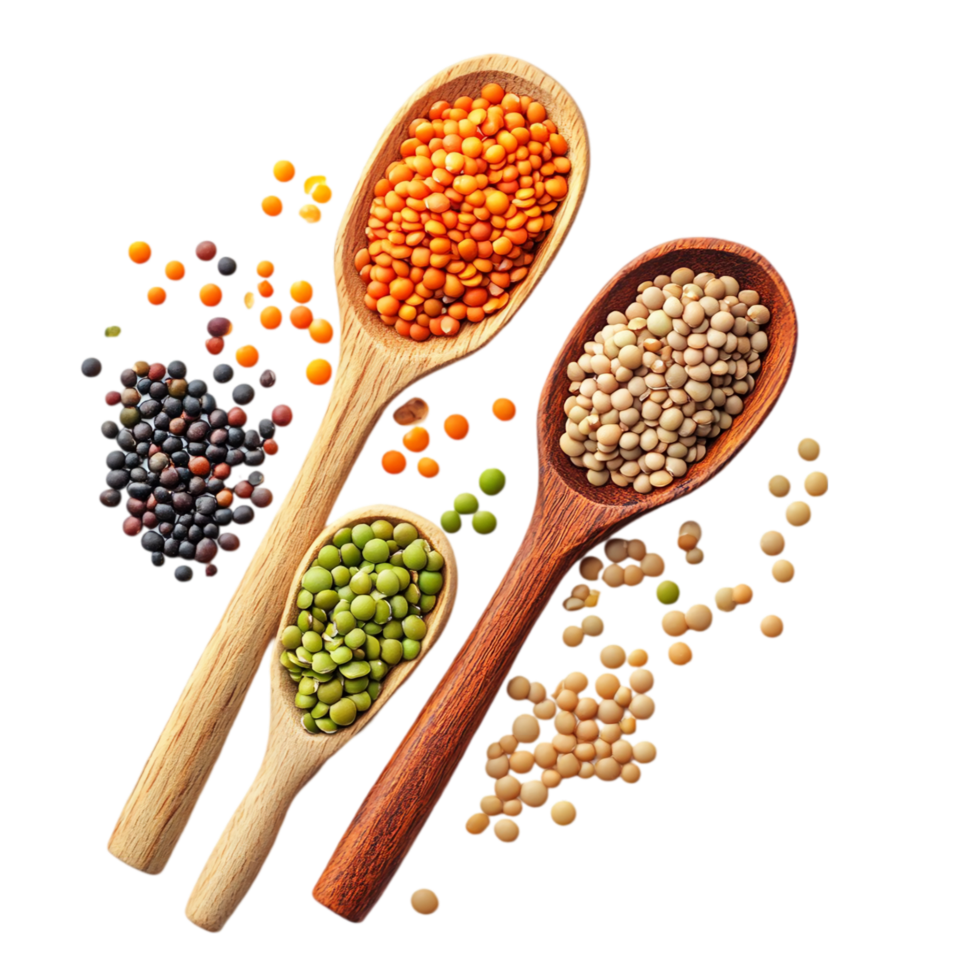 Assortment of lentils in wooden spoons food concept isolated on transparent background png