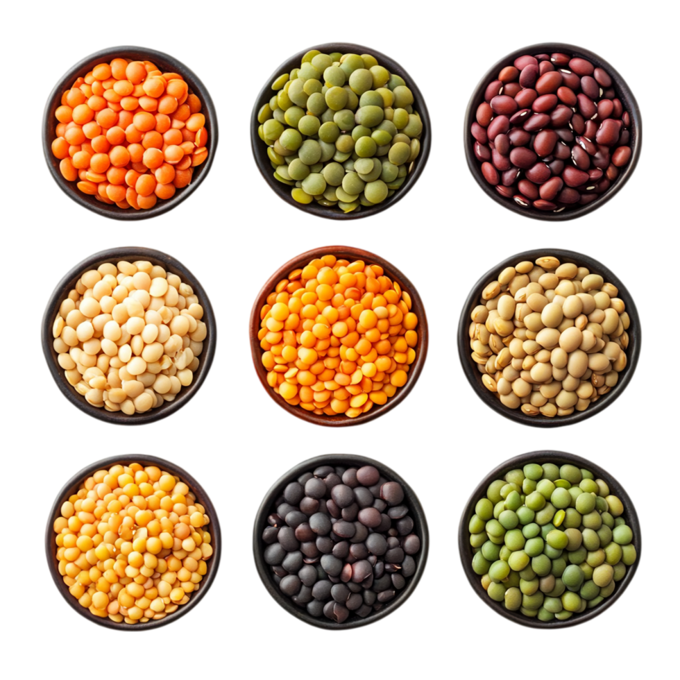 Various lentils and beans in bowls on a plain background isolated on transparent background png
