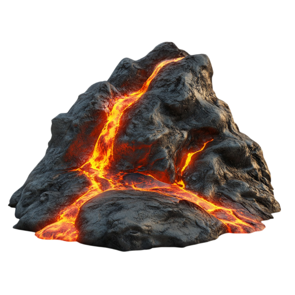 Lava flowing down a mountain volcanic rock formation isolated on transparent background png