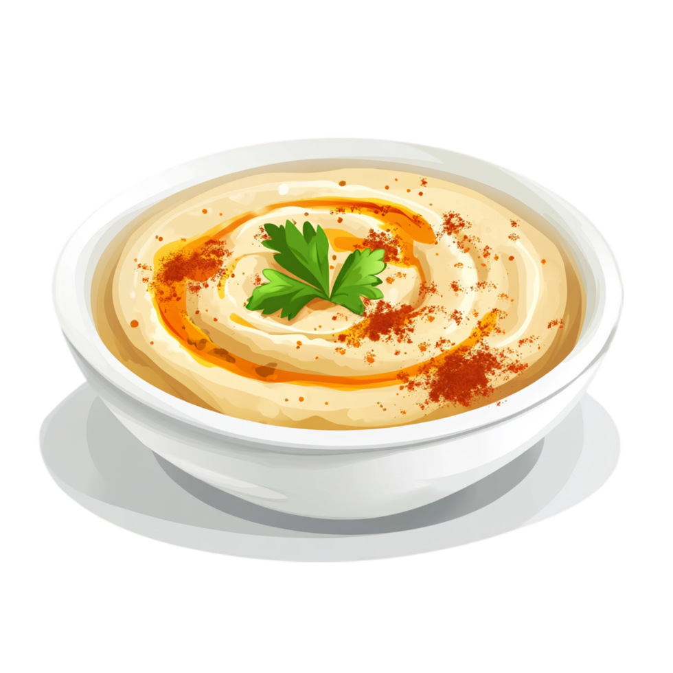Delicious hummus bowl with paprika and parsley topping isolated on transparent background png