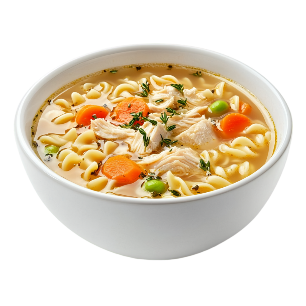 Bowl of chicken noodle soup with carrots and peas meal isolated on transparent background png