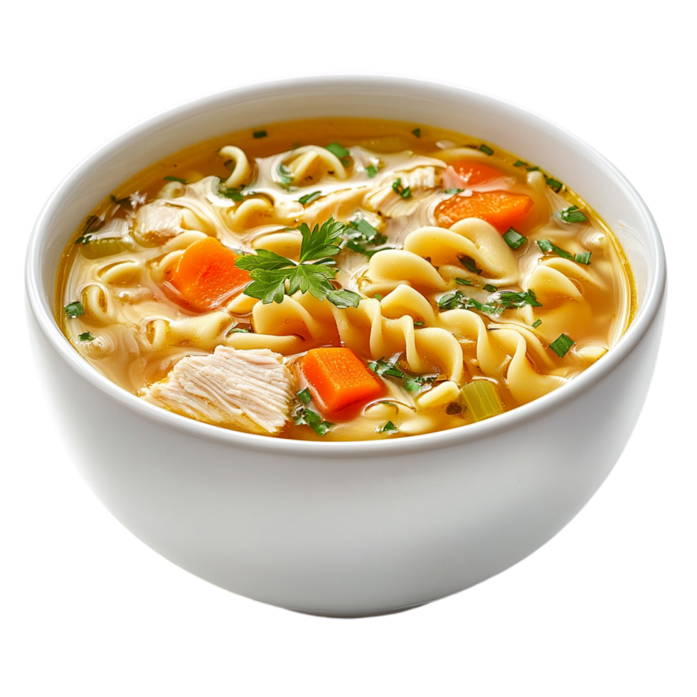 Bowl of tasty chicken noodle soup with carrots and herbs isolated on transparent background png