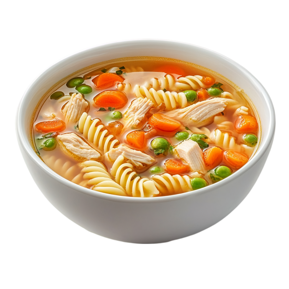Delicious chicken noodle bowl with vegetables and pasta isolated on transparent background png