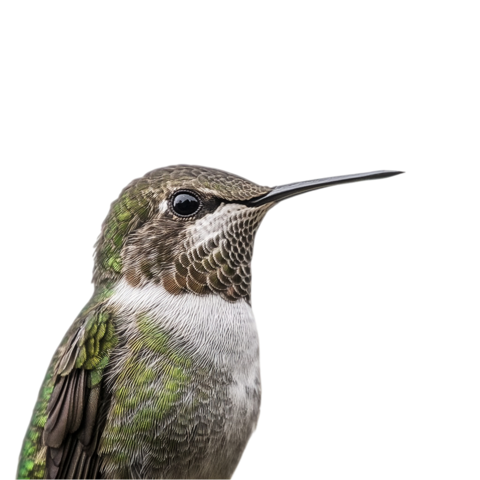 Close up portrait of a beautiful green hummingbird bird isolated on transparent background png