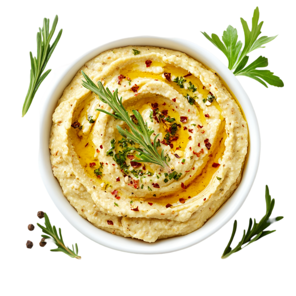 Appetizing hummus bowl with olive oil and fresh herbs isolated on transparent background png