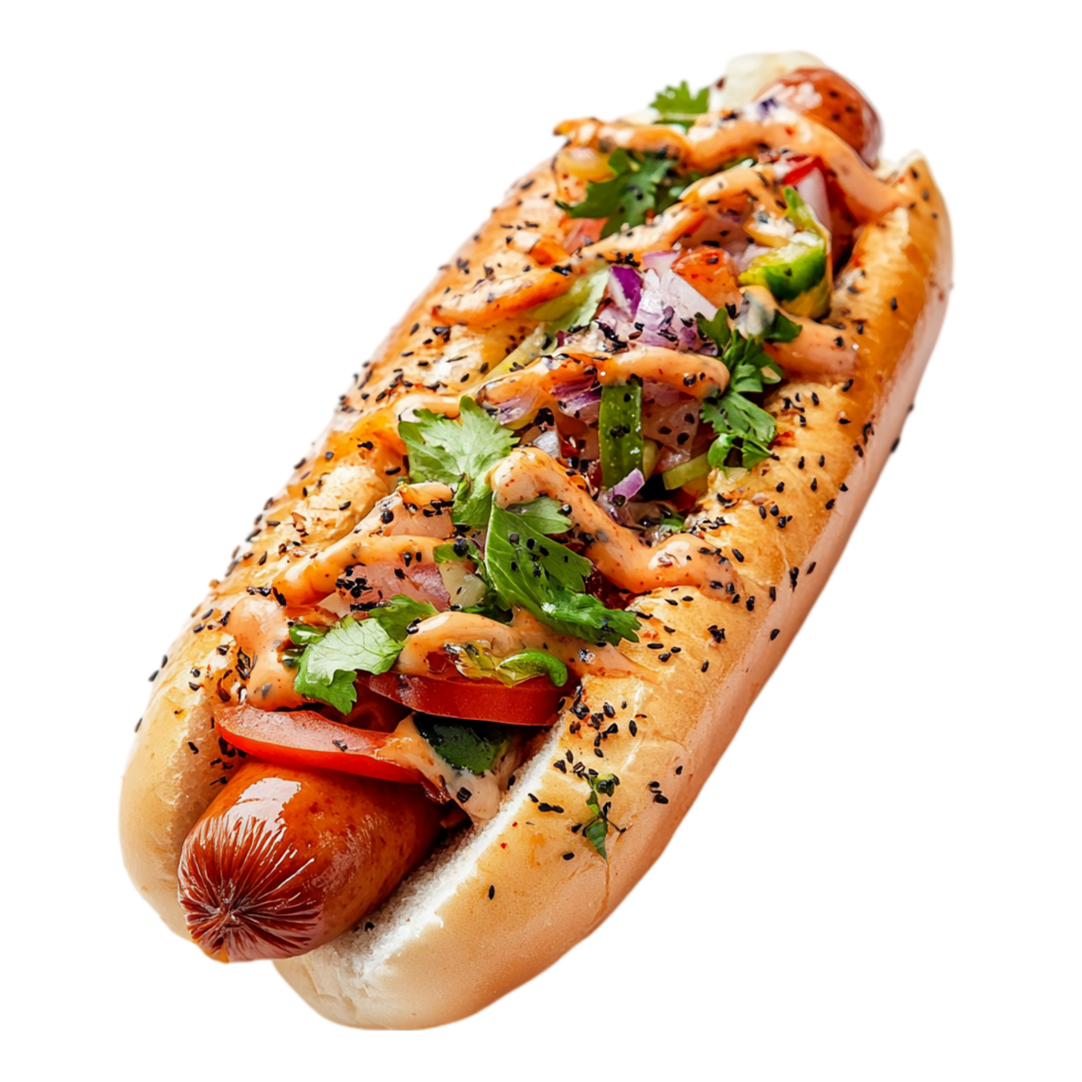 Delicious gourmet hotdog with toppings and sesame seeds isolated on transparent background png