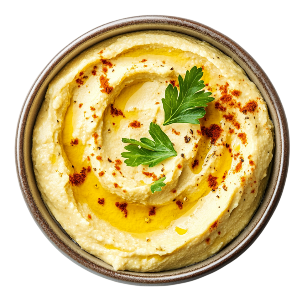 Delicious creamy hummus bowl with olive oil and parsley isolated on transparent background png