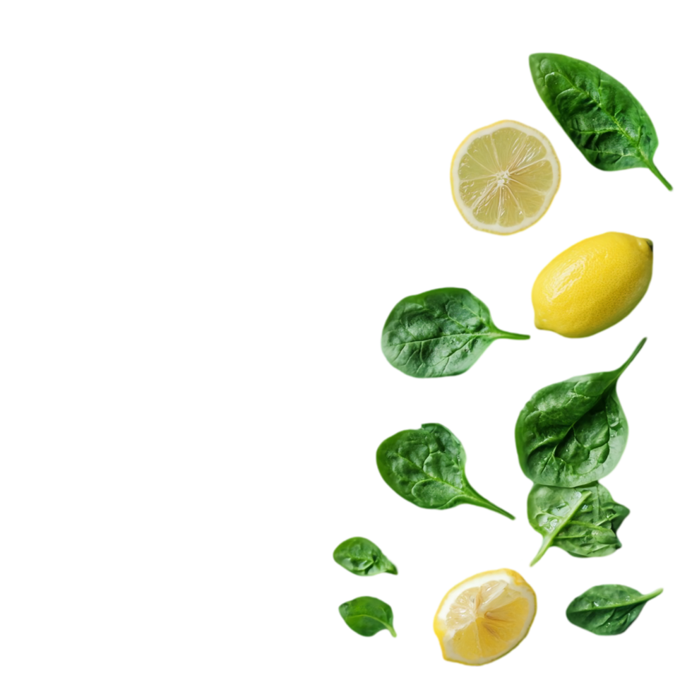 Fresh spinach and lemon arrangement on a plain surface isolated on transparent background png