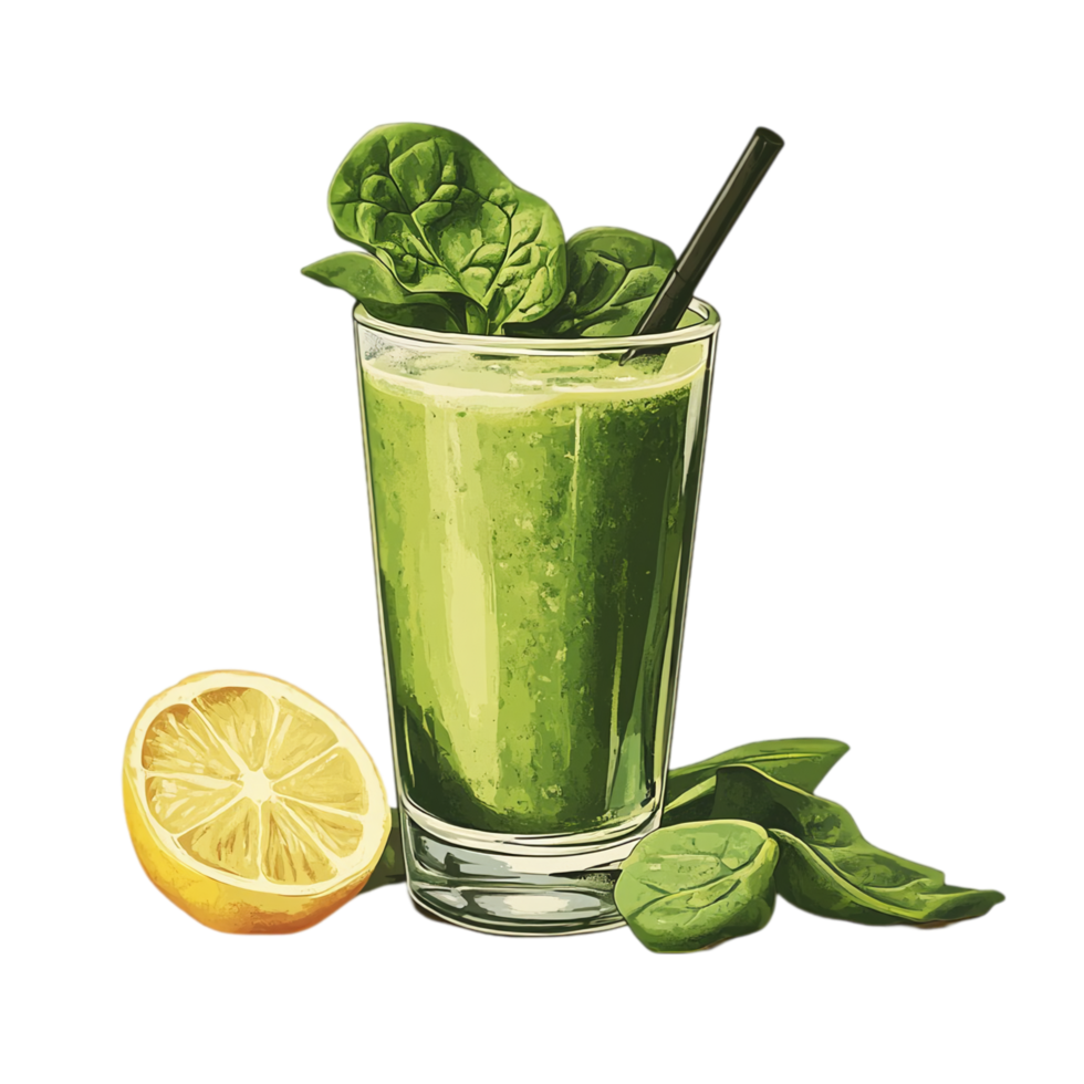 Fresh green smoothie with lemon and spinach illustration isolated on transparent background png