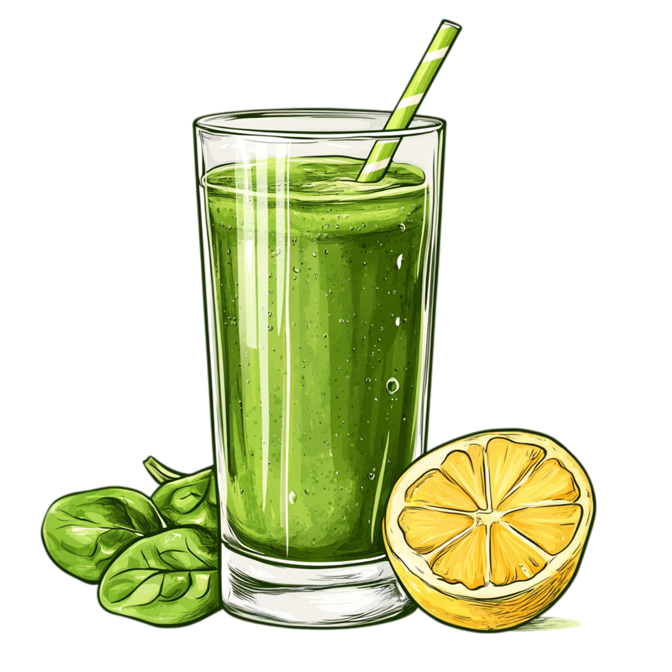 Refreshing green smoothie with spinach and lemon drink isolated on transparent background png