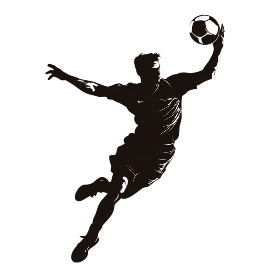 Silhouette of handball player jumping with ball in action isolated on transparent background png
