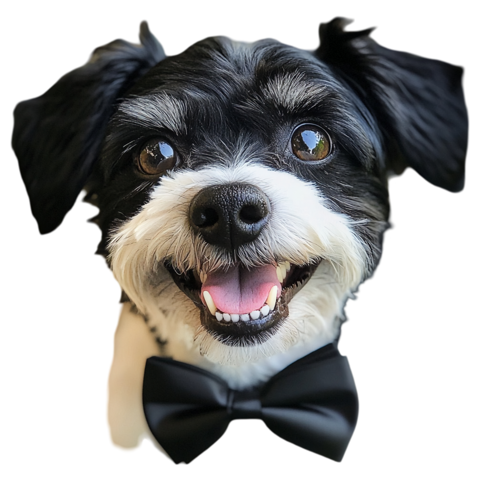 Cute dog with bow tie looking at the camera smiling isolated on transparent background png