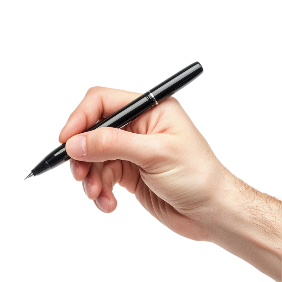 Hand holding pen writing signing document contract note isolated on transparent background png