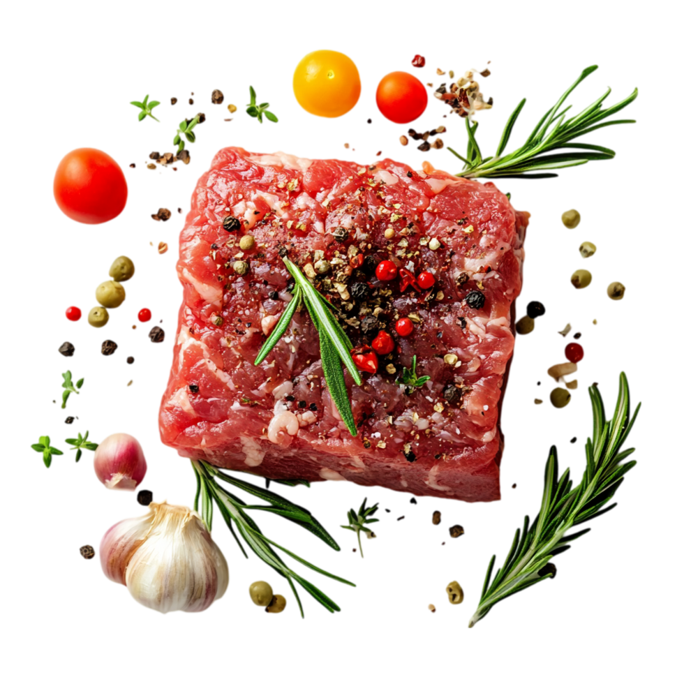 Fresh raw beef steak with spices and herbs ready to cook isolated on transparent background png