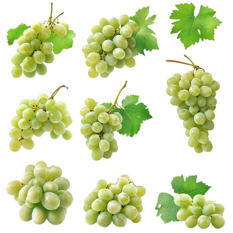 Fresh green grapes with leaves on transparent background isolated on transparent background png