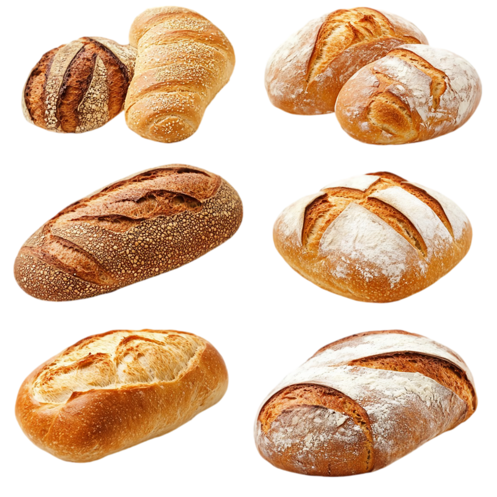 Delicious fresh baked bread loaves assortment display isolated on transparent background png